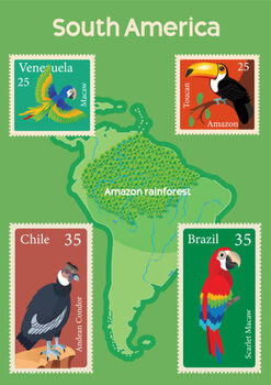 Plakat South America Map and Tropical Birds Stamps