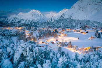 Poster Dusk on snowy woods and Chiesa Bianca, Switzerland