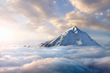 Poster Snow-covered mountaintop above clouds