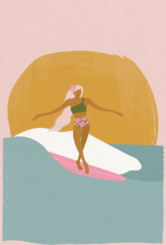 Poster Surfer girl on a longboard surfboard,