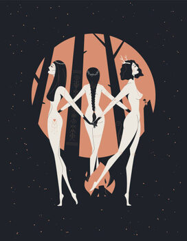 Poster Three witches sisters dance around the