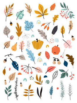 Slika na platnu Children s illustration with hand drawn leaves, vegetables and autumn harvest. Autumn set. Collection of hand drawn fallen leaves, vegetables, berries, acorns, forest mushrooms.