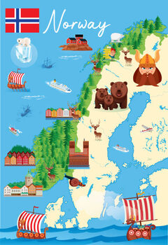 Poster Cartoon Map of Norway