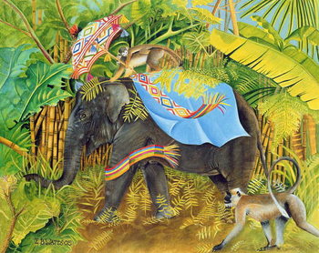Poster Elephant with Monkeys and Parasol, 2005