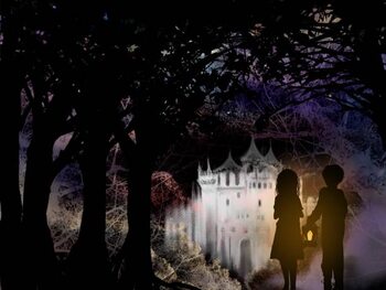 Poster Moonlight and drifting clouds, cutout-style illustration