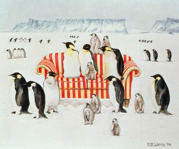 Poster Penguins on a red and white sofa, 1994