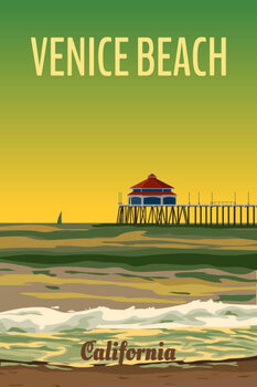 Poster Retro California Venice Beach travel poster sunset
