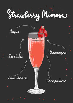 Poster Vector engraved style Strawberry Mimosa cocktail