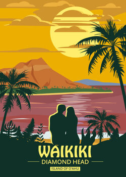 Poster Waikiki island of O ahu Retro