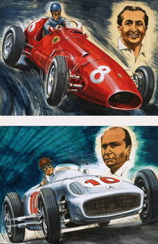 Плакат Alberto Ascari driving a Maserati (top) and Juan Manuel Fangio driving a Mercedes-Benz