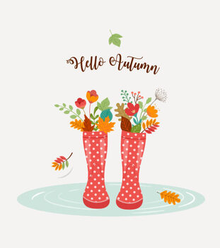 Poster Autumn, fall season background, rain rubber boots with autumn leaves and flowers, scarf and umbrella