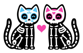 Poster Black skeleton cats couple with Mexican