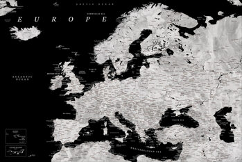 Impressão de arte Blursbyai - Black and grey Europe map