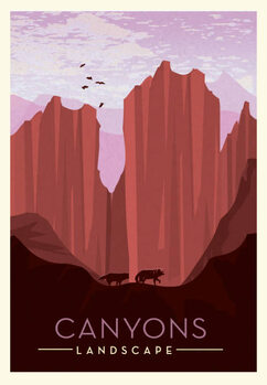 Плакат Canyon lands with cliff, wolves and