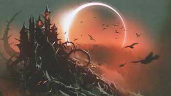 Poster castle of thorn with solar eclipse in dark sky