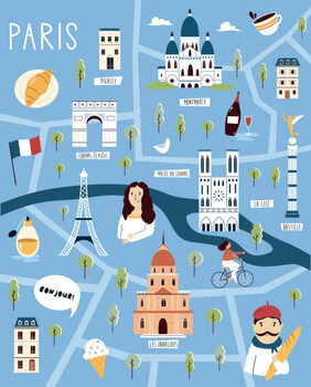 Poster Colorful illustrated cartoon map of Paris,