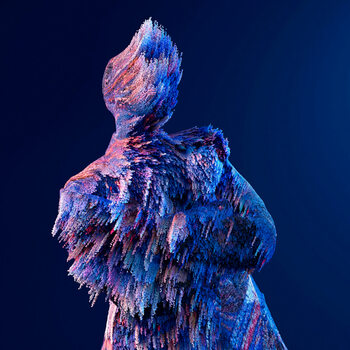 Poster Colorful Particle Figure Formation on Blue Background, c.2015-2025