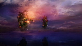 Poster Fantastic night landscape with flying islands