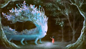 Poster Fantasy scene girl with blue giant