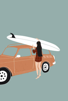 Poster Flat illustration of surfer girl holding