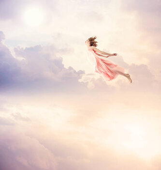 Poster Girl in a pink dress flying through the sky