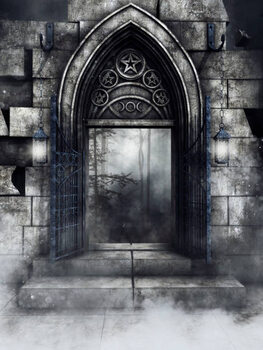 Poster Gothic stone gate with lanterns