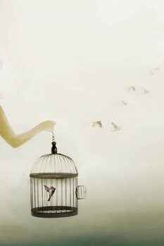 Poster hand holding an open cage with birds escaping out