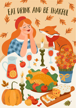 Плакат Happy Thanksgiving illustration. Cute lady with fox at festive table. Vector design for card, poster, flyer, web and other
