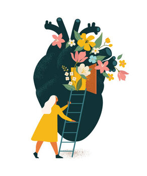 Poster Huge anatomical heart with open door.