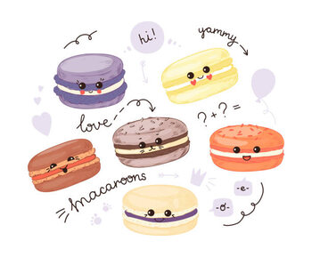 Poster Kawaii macaron. Hand drawn cute French