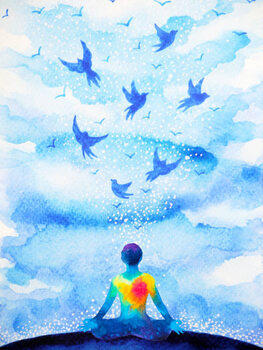 Poster meditation human, flying birds in blue