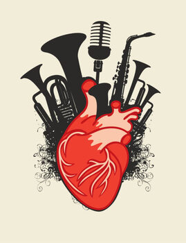 Poster music poster with human heart and wind instruments