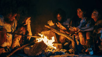 Poster Neanderthal or Homo Sapiens Family Cooking