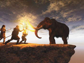 Poster Prehistoric men hunting a young mammoth