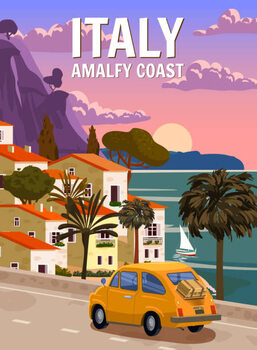 Poster Retro Poster Italy, mediterranean romantic landscape,
