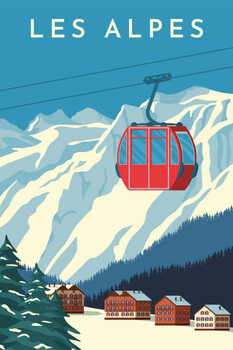 Poster Ski resort with red gondola lift,