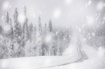 Poster Snowflakes on icy empty road in