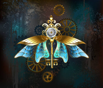 Poster Steampunk key with blue wings