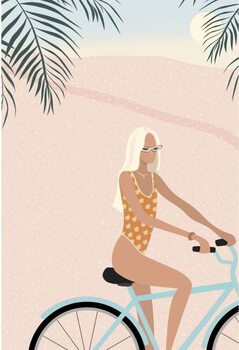 Poster Surfer girl in bikini on bicycle