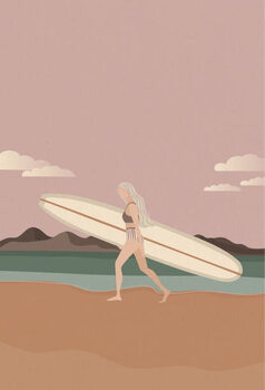 Poster Surfer girl walking on the beach