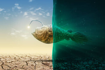 Poster surreal landscape with flying fish bottom