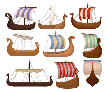 Poster Viking scandinavian draccars set, Norman ship