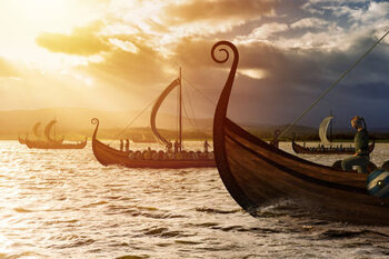 Плакат Viking ships on the water under
