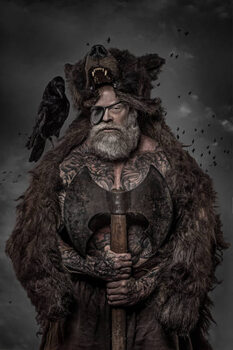 Poster Viking warrior Odin man with crows