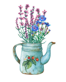 Poster Vintage blue metal teapot with strawberries