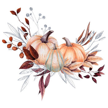 Poster Watercolor Bouquet with Pumpkins and Silver Leaves