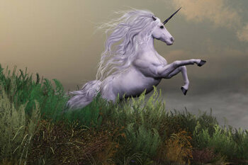 Poster White Unicorn on Mountain