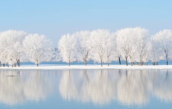 Poster winter landscape with beautiful reflection in
