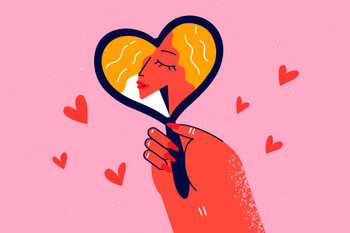 Poster Woman look in heart-shaped mirror