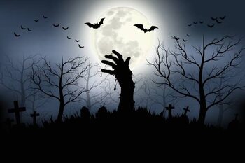 Poster Zombie hands rising in dark Halloween night.